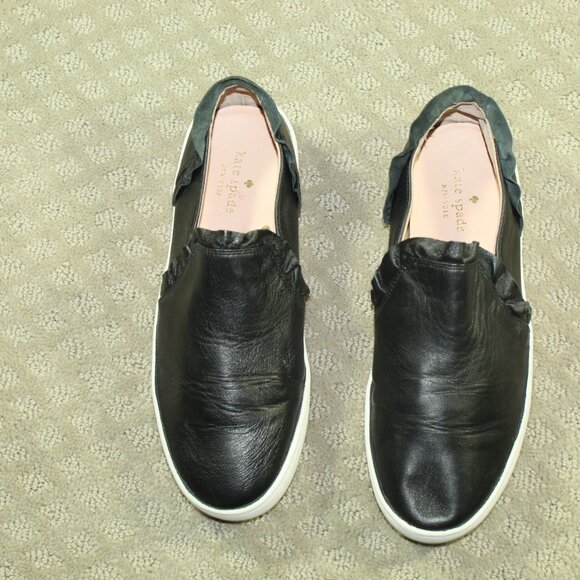 Kate Spade Women's Lilly Sneakers Size 8M Black Leather Casual Ruffled Slip-On - Picture 2 of 6